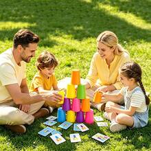 Juego de 5 Sets de Tazas Apilables Rápidas, Juguete Interactivo de Apilamiento de Tazas de Velocidad para Padres e Hijos con Tarjetas de Patrones & Campana, Juego de Mesa de Entrenamiento de Lógica Educativo para Fiesta Familiar - Multicolor - Ver 4