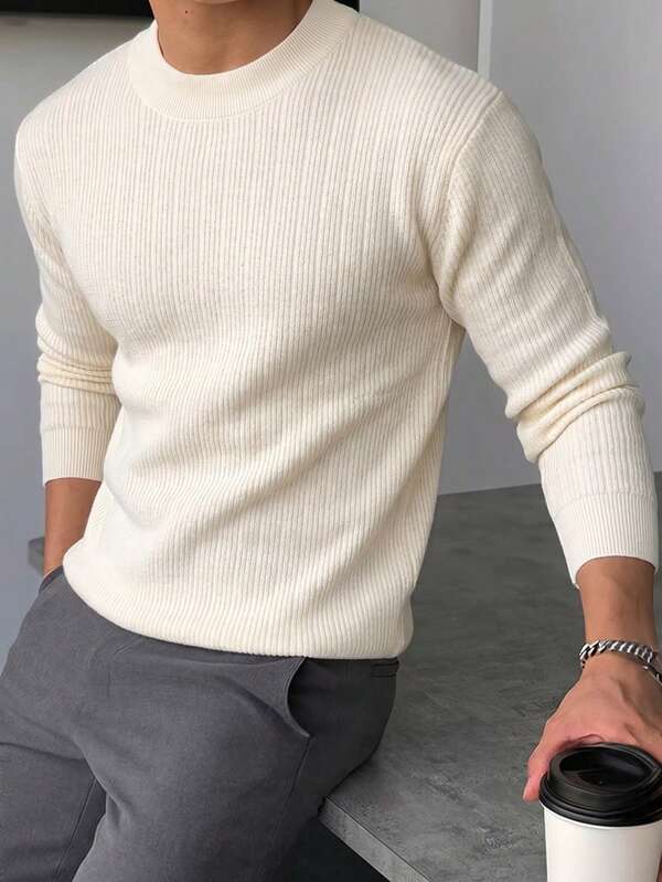 Men's Mercerized Cotton Wavy Pattern Mock Neck Long Sleeve Sweater