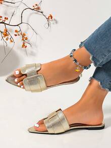 Ximi Ruo 女款春夏新款時尚休閒一腳蹬涼拖鞋，舒適平底低跟圓頭戶外沙灘拖鞋，極簡百搭裝飾平底涼鞋 - 淺金色 - 查看 5