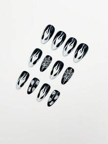 Halloween Nail 24pcs Medium Long Almond Nail, Black And White French Nail, Flame, Skull, Heart-Shaped Spider Web, Pumpkin Pattern Fake Nail, Gothic Style Press Nail Set, Suitable For Women's Daily, Holiday, Party, And Dance Occasions Nail Supplies. - Multicolor - View 4