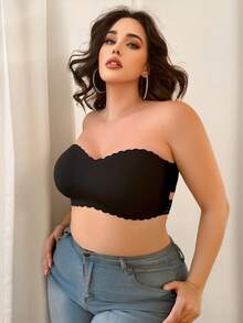 1pc Women's Wireless Seamless Bandeau Bra, Solid Color Wavy Trim Cross Hollow Back Multi-Hook Plus Size Support Padded Invisible Casual Bandeau Lingerie - Black - View 4