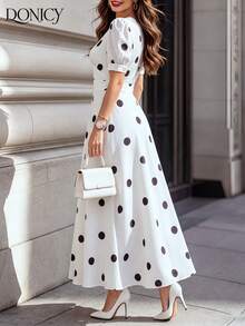 DONICY Damen Sommer Polka Dot Midi Kleid - Weißes V-Ausschnitt Puffärmel A-Linien Kleid, für Urlaub, Brunch & elegante Anlässe - Weiss - Übersicht 2