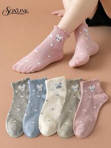 5 Pairs Frill Trim Rabbit Heart Short Socks For Women, Japanese Soft Girl Cute Casual Women's Socks, Versatile Preppy Style Ladies Socks - Multicolor - View 2