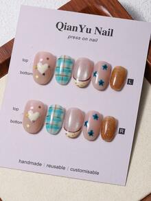 10pcs/Set Handmade Press-On Nails, Short Oval Shape, Country Plaid Pattern, Color Block French Style, Y2K Hand-Painted Heart & Flower Design, Includes 1pc Gel Glue And 1pc Nail File, Suitable For Daily Wear And Party - Multicolor - View 3