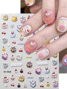 5D Relief Cute Cake Nail Art Stickers, 2 Sheets Embossed Sweet Cherry Heart Dessert Self-Adhesive Nail Decals, 3D Textured DIY Manicure Decoration For Women Girls - Multicolor - View 3