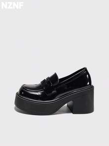 NZNF Women's Solid Color Academy Style PU Shoes With Buckle Strap, Thick Sole And Chunky Heel, Daily Commute Shoes - Black - View 2
