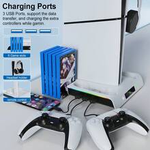 A Multi-Functional Charging And Cooling Stand For PlayStation 5 Slim (Compatible With Digital And Optical Versions), Featuring A Cooling Fan And A Controller Charger. The Base Has A Slot For Storing 5 Game Discs. - 白色 - 查看 2