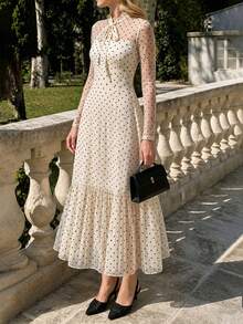 Rok Panjang Sedang dengan Leher Bulat dan Lengan Mengembang, Gaun Lengan Panjang Model A-Line Berenda Elegan dengan Motif Polkadot, Pakaian Sehari-hari yang Lembut untuk Wanita di Musim Semi dan Gugur. - Aprikot - View 6