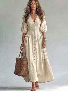 Solid Beige Full Front Button Decor Deep V-Neck Puff 3/4 Sleeve Shirt Dress, Suitable For Beach Vacation, Summer Holiday Party, Autumn, Bohemian Style - Apricot - View 4