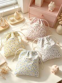 Cute Floral Drawstring Storage Bag Small Fabric Makeup Pouch Portable Jewelry Lipstick Coin Purse Kawaii Mini Travel Storage Sack For Women Daily Use - Multicolor - View 2