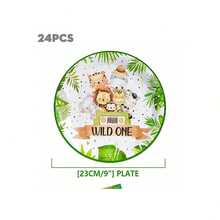 24件組叢林動物紙盤與餐巾紙派對用品，卡通動物印花戶外派對用品，一次性餐巾紙與紙盤，狩獵生日用品，叢林紙盤，派對紙盤，適合作為狩獵盤禮物 - 彩色 - 查看 15