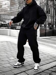Conjunto de 2 piezas de sudadera y pantalón de chándal de ajuste regular, de unicolor y de peso ligero para hombre, para primavera/otoño - Negro - Ver 4