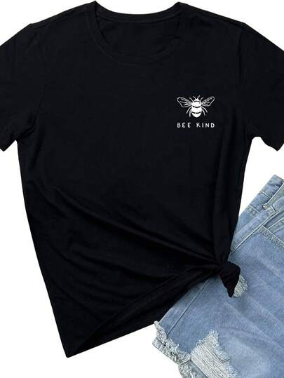 Women's Black Bee Kind Graphic Tee Short Sleeve Round Neck Casual T-Shirt For Daily Wear
