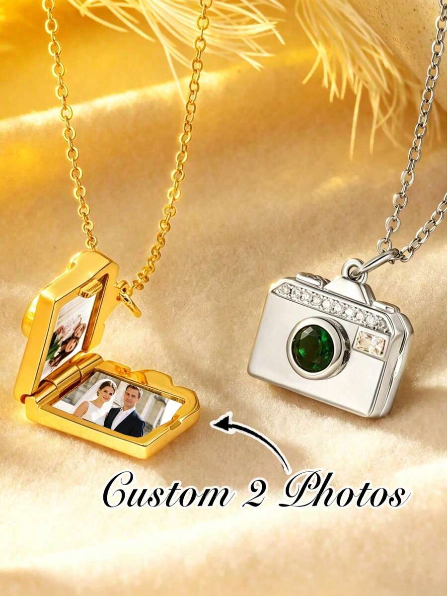 1pc Customized Square Birthstone Photo Locket Necklace, Women's Necklace, Women's Jewelry, Gift For Mom, Mother's Day Gift, Personalized Photo Locket Pendant - Multicolor - View 1