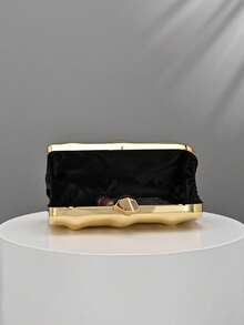 Clutch metálico texturizado con forma de caja retro, diseño asimétrico, cierre de presión, adecuado para fiestas, bodas, graduaciones, eventos nocturnos - Dorado - Ver 4