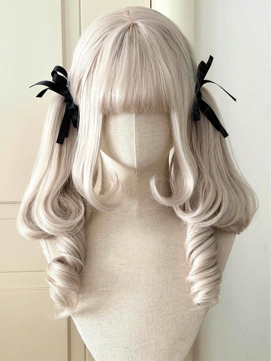 Light Gold Big Wave Twin Ponytail Wig For Women, Synthetic Princess Style Lolita Wig With Bangs, Blonde, Suitable For Cosplay And Halloween - Multicolor - View 1