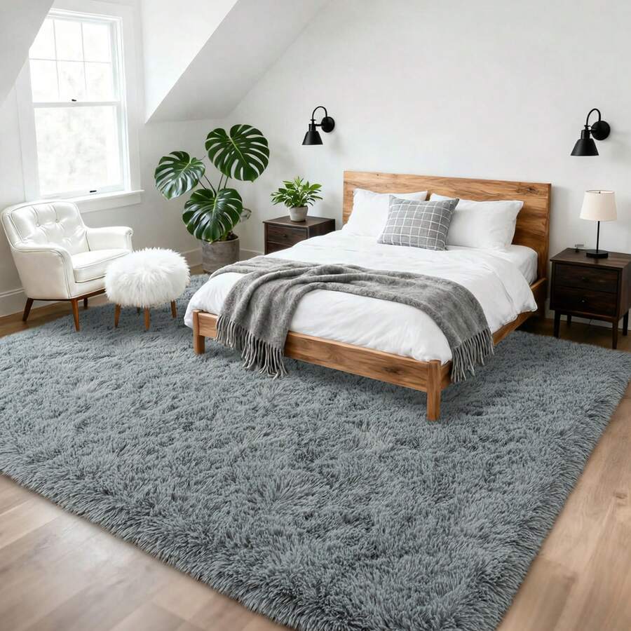Alfombra para sala de estar y dormitorio, alfombra de pelo alto suave y esponjosa, antideslizante, alfombra de felpa grande para interiores, revestimiento de suelo para sala de juegos y habitación infantil, hogar moderno - Gris Claro - Ver 1