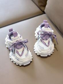 1 Pair Kids Colorblock Mesh Chunky Sneakers, Breathable Non-Stuffy, Round Toe Mid-Top Hook & Loop Lace-Up, Thick Sole Height-Increasing, Versatile Back-To-School Campus Shoes - Purple - View 4