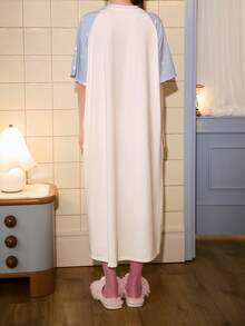 Gongdie Camisón de verano para mujer, vestido de casa de algodón modal suave con manga corta, estampado de pingüino de buenas noches y mangas con lunares en bloques de color - Blanco - Ver 6