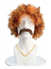70s Disco Afro Wig Set With Matching Brown Mustache Gold Chain Accessory Retro Synthetic Hair For Hippie Halloween Party Men Vintage Costume Kit - Multicolor - View 13