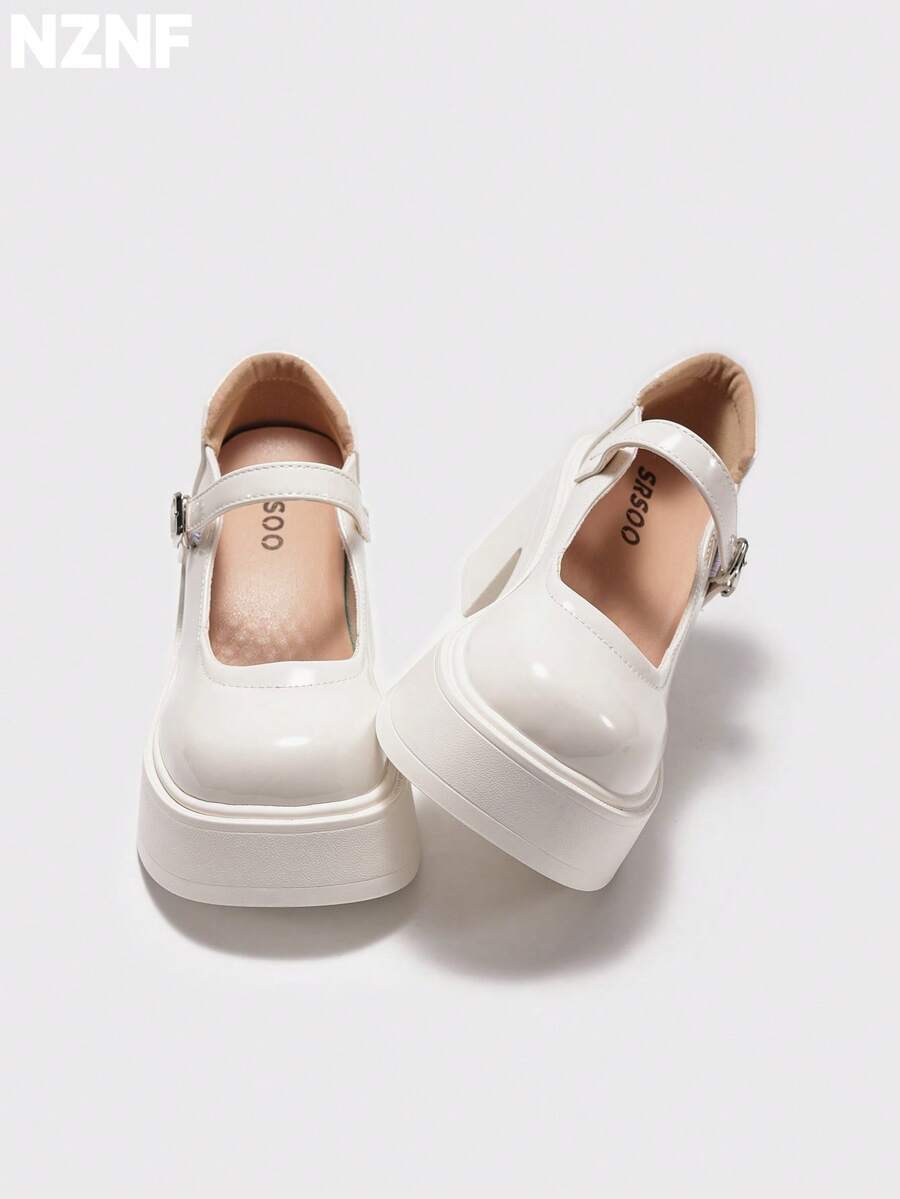 NZNF Women's Solid Color Academy Style PU Shoes With Buckle Strap, Thick Sole And Chunky Heel, Daily Commute Shoes - White - View 1