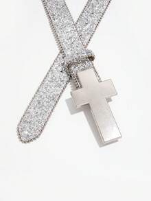 1 pieza Cinturón de hombre estilo punk rock Y2K de mezclilla plateada con tachuelas de estrella y pedrería incrustada, accesorio versátil para jeans, adecuado para uso diario - Plata - Cruz - Ver 3