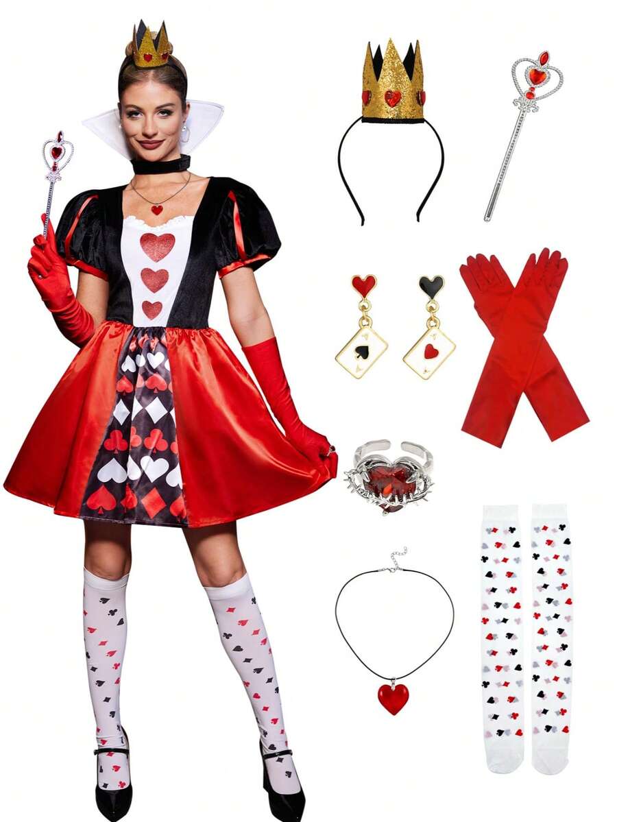 Set Kostum Halloween Wanita 8 Potong, Motif Hati dari Linen - MultiWarna - View 1