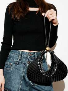 Dedoo European & American Style Woven Large Capacity Solid Color Dumpling Handbag - Black - View 6