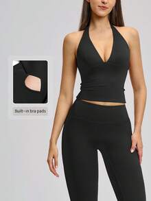 NcmRyu Women's One Set Slim Fit Solid Color Deep V-Neck Flared Pants Backless Sports Outfit - Black - View 1