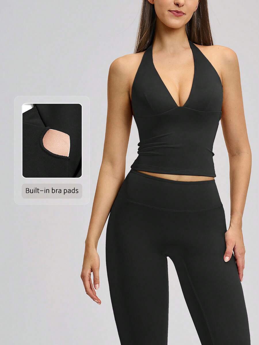 NcmRyu Women's One Set Slim Fit Solid Color Deep V-Neck Flared Pants Backless Sports Outfit - Black - View 1