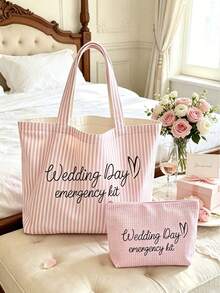 1/2pcs Bridal Wedding Large Capacity Striped Tote Bag Set, Suitable For Beach And Daily Use, Striped Beach Handbag With Pink Makeup Bag - Multicolor - View 1