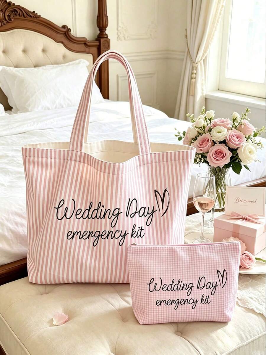 1/2pcs Bridal Wedding Large Capacity Striped Tote Bag Set, Suitable For Beach And Daily Use, Striped Beach Handbag With Pink Makeup Bag - Multicolor - View 1