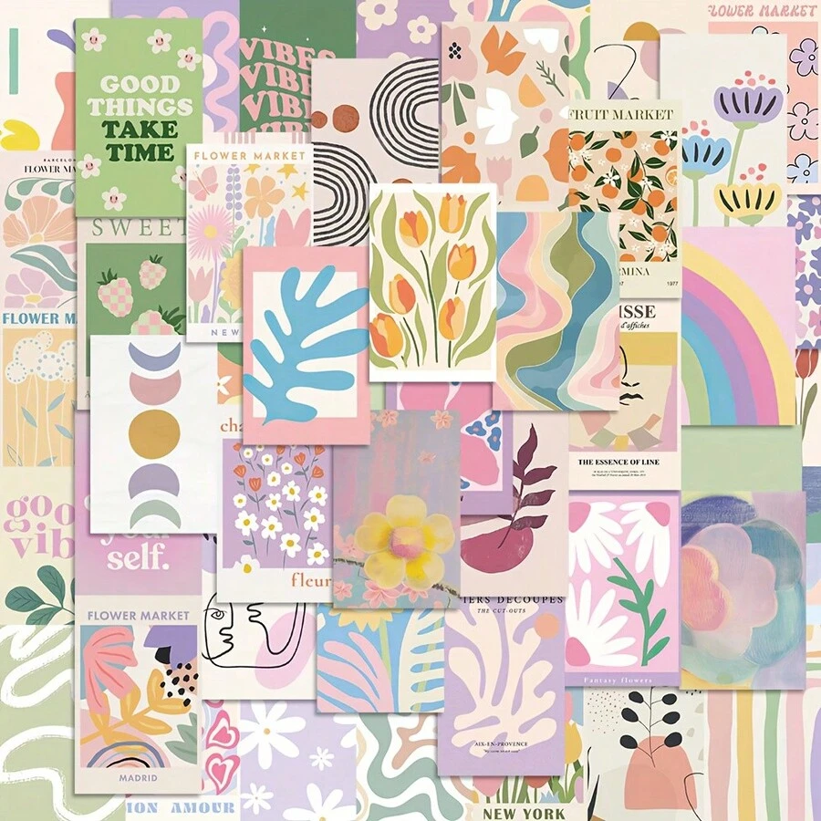 50 piezas de pegatinas florales suaves de estilo danés, PVC impermeable, pegatinas elegantes de estilo de chica para fundas de teléfono y cuadernos, adecuadas para invierno y Año Nuevo - pegatinas de flores - Ver 1