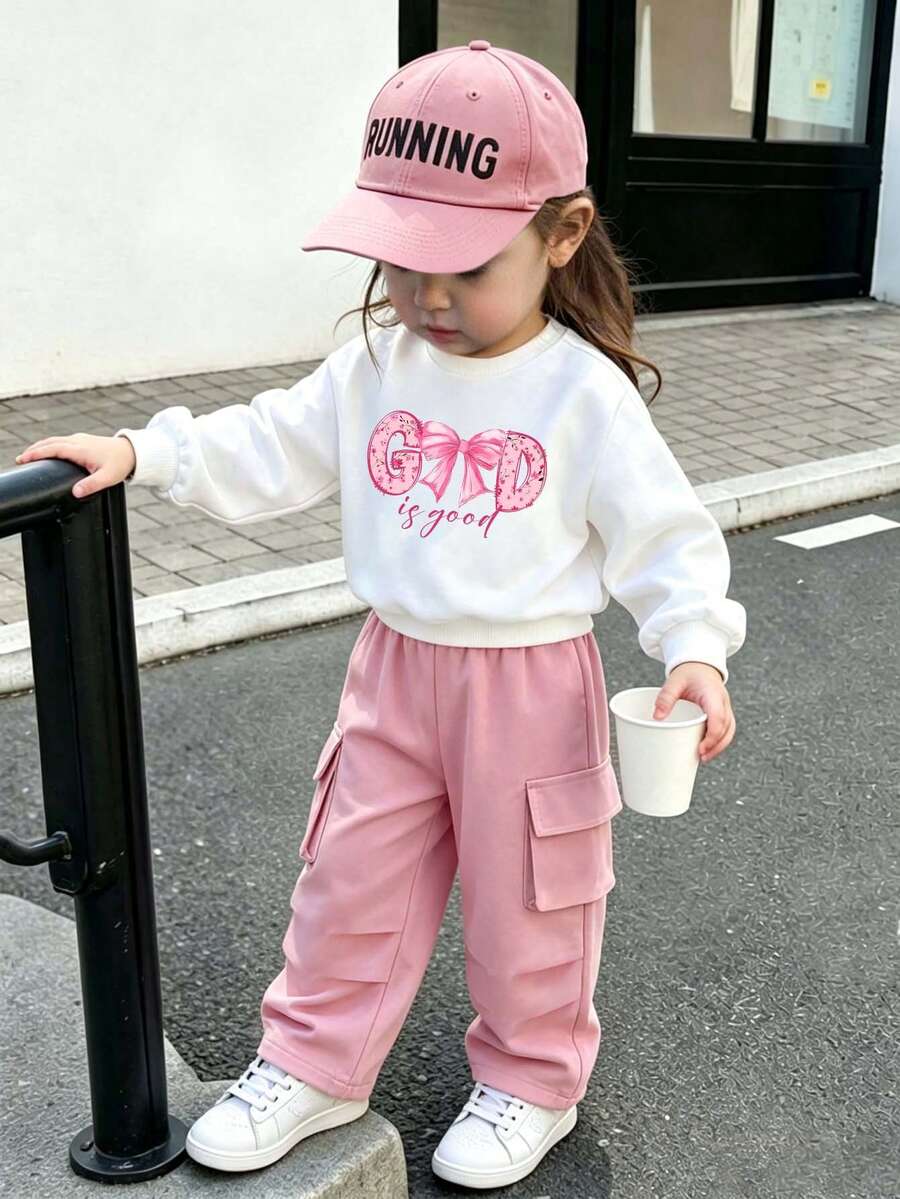 Baby Girl Bow Pattern Print Warm Crew Neck Sweatshirt And Cargo Pants - White - View 1