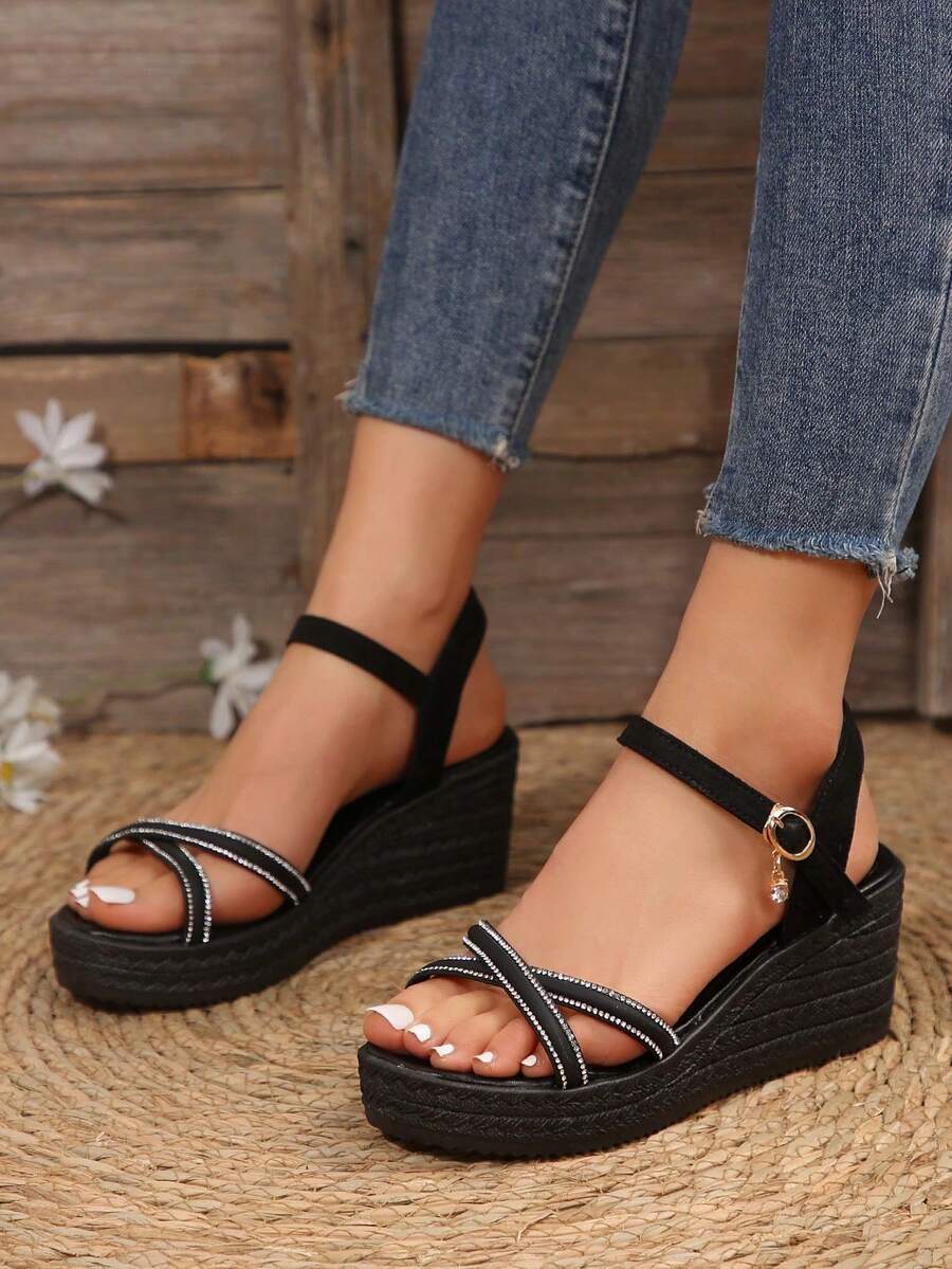 Women's Wedge Heel Thick Sole Summer Sandals, Casual Rhinestone Outdoor Beach Shoes, Shiny Beach Sandals, High Heel Sandals For Summer Dresses