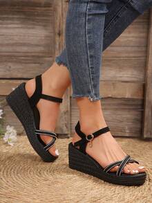 Women's Wedge Heel Thick Sole Summer Sandals, Casual Rhinestone Outdoor Beach Shoes, Shiny Beach Sandals, High Heel Sandals For Summer Dresses - Black (1123) - View 7