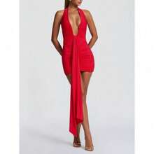 Elegant Vacation Style Backless Neck Wrap Dress - 短版紅色 - 查看 2