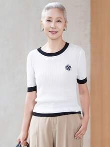 女款時尚對比飾邊針織T恤，修身羅紋短袖上衣，適合萬聖節、感恩節、聖誕節節日穿搭 - 白色 - 查看 2