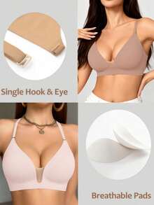 4pcs Women's Cross Back Wireless Padded Bra, Black, Apricot, Nude, Pink, Ribbed Soft Elastic Support, Minimalist Daily Lingerie Set - Multicolor - View 7