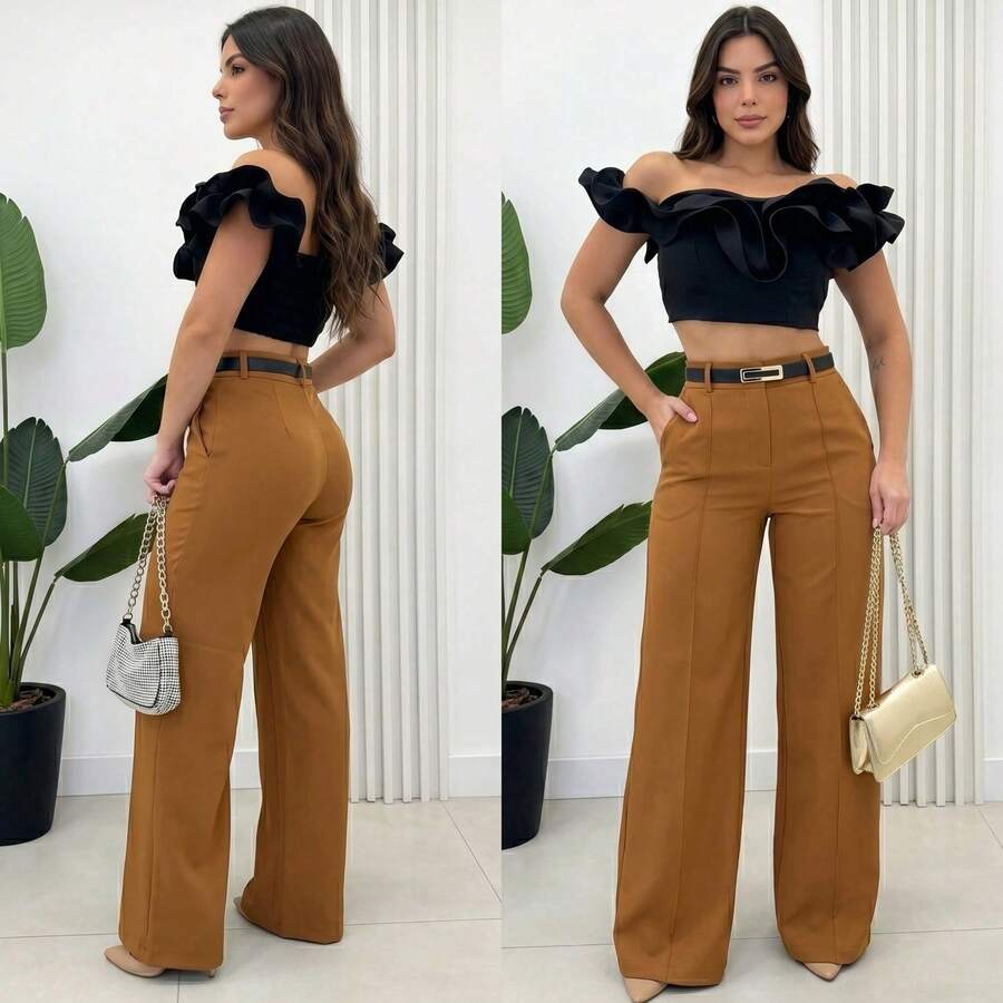 Women's Tailored Trousers With Belt - Camel - View 1