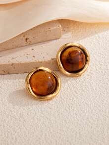 1 Pair Vintage Elegant Fashion Resin Gemstone Earrings, 18K Gold Stainless Steel Ear Studs, Suitable For Women's Daily Wear Or Party - Brown - View 5