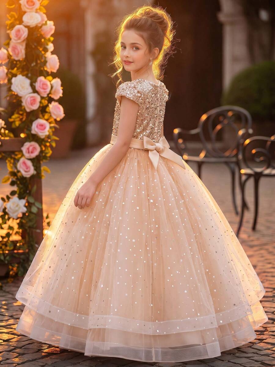 Tween Girl Flutter Sleeve Sequin Bow Mesh Full Skirt Long Dress, Flower Girl Wedding Party Formal Gown - Gold - View 1
