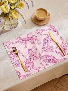 1pc Vintage Pink Line Drawing Leopard Pattern Printed Linen Table Runner, Placemat, Suitable For Holiday, Party, Birthday, Dinner, Kitchen Dining Table Decoration, Shoe Cabinet Storage Cabinet Cover, All Season Room Decor, Home Textile Decoration Table Runner, Placemat - Multicolor - View 2