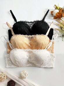 3pcs Women's Strapless Bra, European And American Style, Anti-Slip Detachable Straps, Lace Bandeau, Off-Shoulder Top Inner Wear, Women's Lingerie Bra - Multicolor - View 6