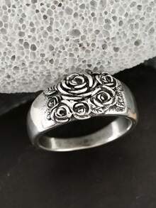 1pc Vintage Antique Silver Embossed Rose Wide Band Ring, Retro Floral Carved Finger Jewelry For Men - Vintage Flower Ring - View 8