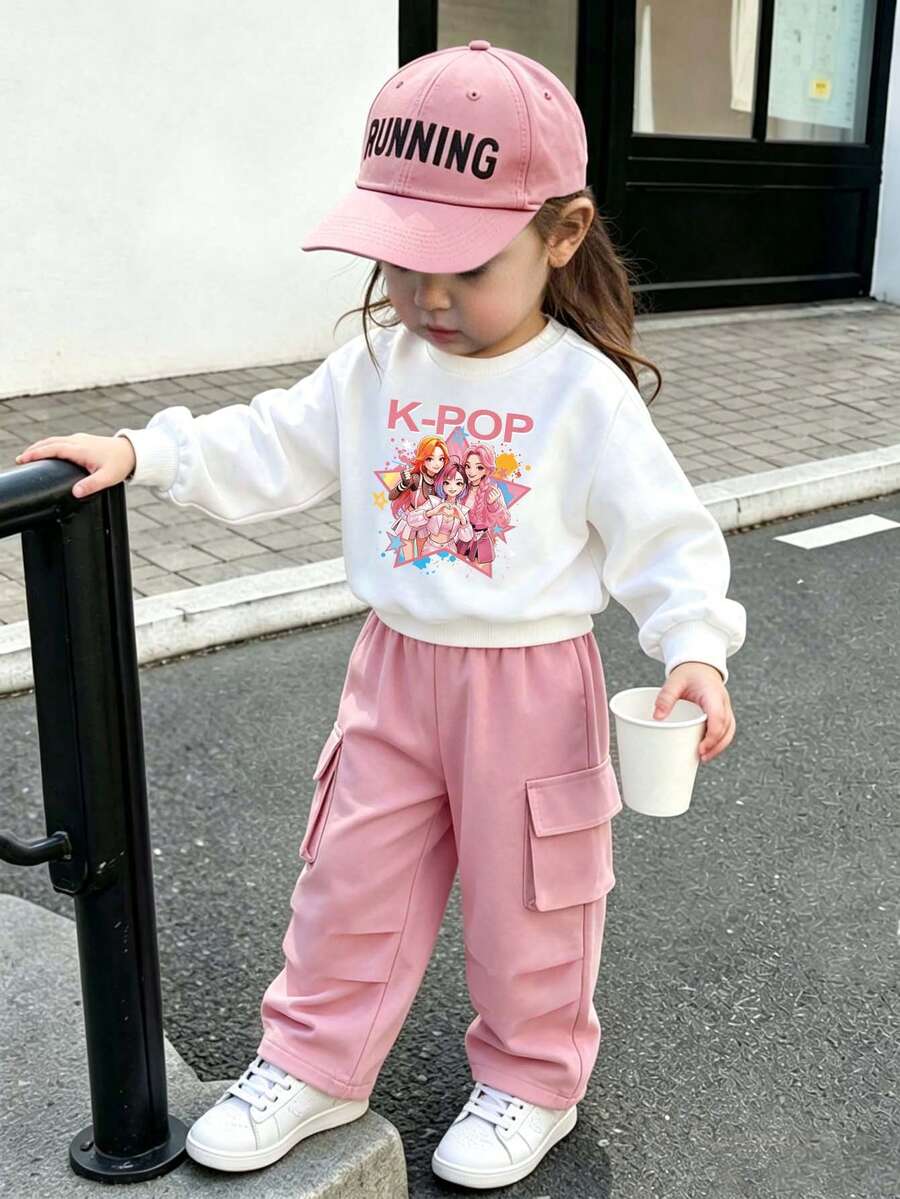 Sweatshirt dan Celana Kargo Hangat Motif Kartun untuk Bayi Perempuan - Putih - View 1
