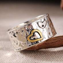 DIYCCPC Bague large en forme de cœur bicolore pour femmes, accessoire quotidien multifonctionnel à texture martelée faite à la main, cadeau de vacances parfait - Argent - Voir 5