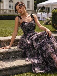 Perirose Women's Purple Romantic Cottagecore Floral Print Tie Spaghetti Strap Multi Layered Tiered Ruffle Maxi Dress Summer Fall Wedding Guest Vacation Party - Black - View 4