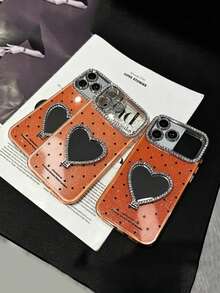 1件韓式波點愛心化妝鏡手機殼，附支架防震保護，適用於 iPhone 17Pro Max 17Pro 17 16Pro Max 16Pro 16 15 14 13 12 Pro Max 11 智慧型手機。適合女孩/女性。理想的生日/母親節禮物。亦適用於 iPhone 18Pro Max 18Pro 18 智慧型手機保護殼 - 橘色 - 查看 4