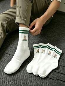 5 Pairs Men's Cute Rabbit Jacquard Cartoon Pattern Mid-Calf Socks, Contrast Stripe Design, Versatile Socks For Daily Wear - Multicolor - View 1